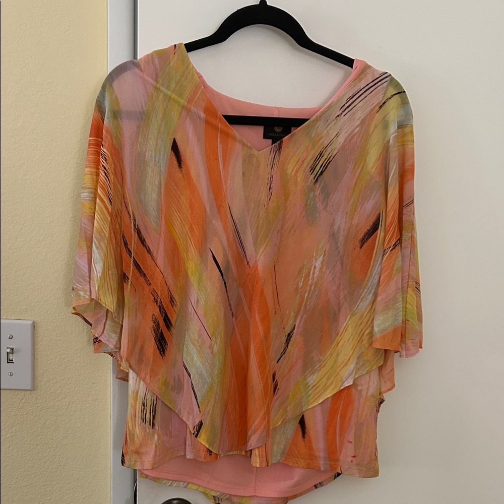 JM Collection Peach and Orange Abstract Blouse